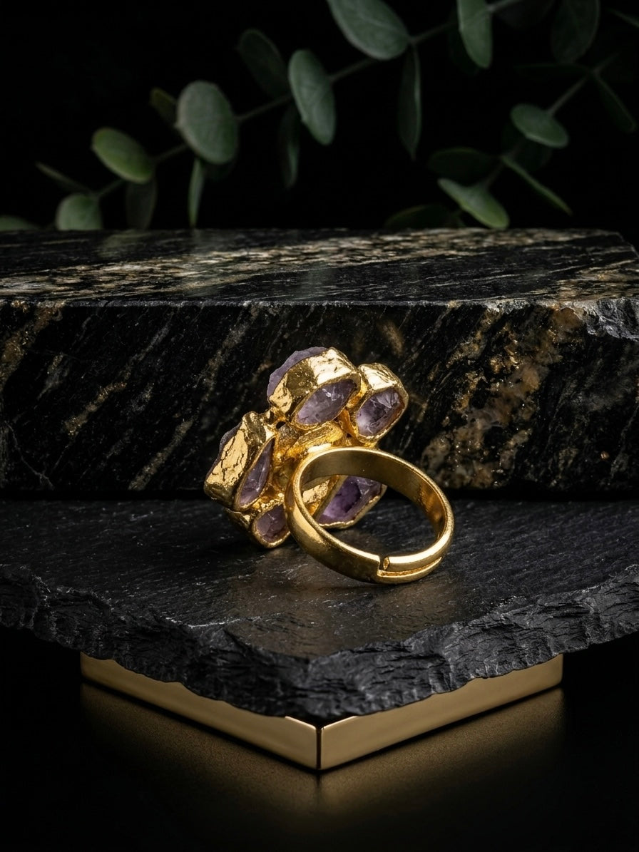 Amethyst Natural Stone Handmade Brass Ring