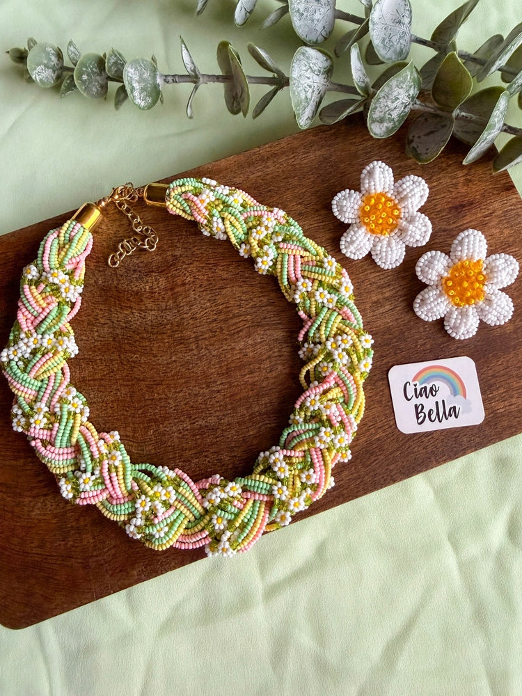 Luxe Flora Green Pink Yellow Handmade Beaded Necklace + Earrings Set
