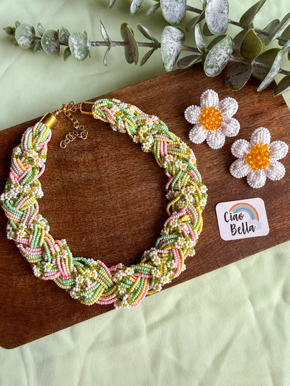 Luxe Flora Green Pink Yellow Handmade Beaded Necklace + Earrings Set