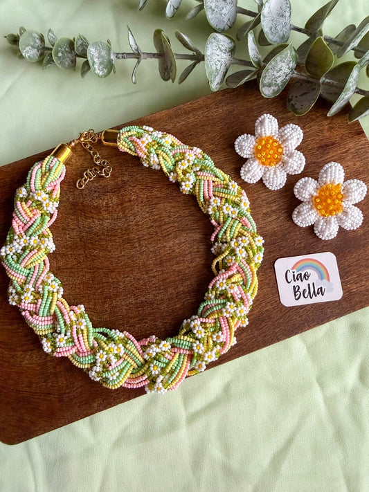 Luxe Flora Green Pink Yellow Handmade Beaded Necklace + Earrings Set