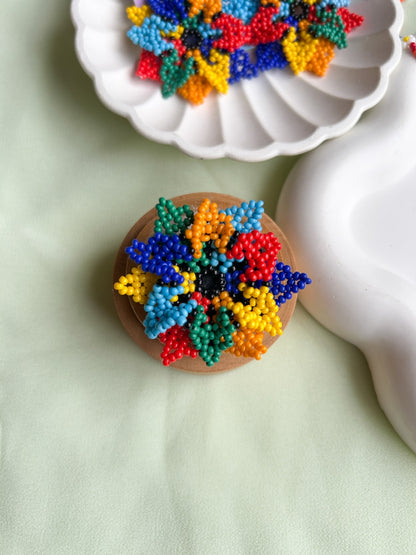 Rainbow Blossoming Flower Handmade Beaded Necklace + Earrings + Ring Set
