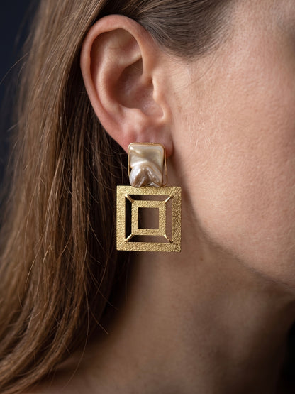 Framed in Gold Mother Of Pearl Handmade Brass Earrings