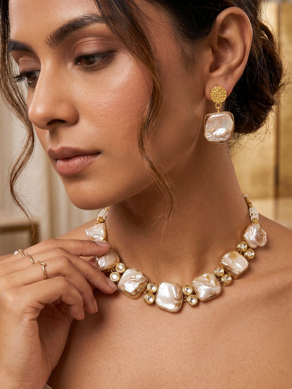 Mother Of Pearl Kundan Handmade Brass Necklace Set