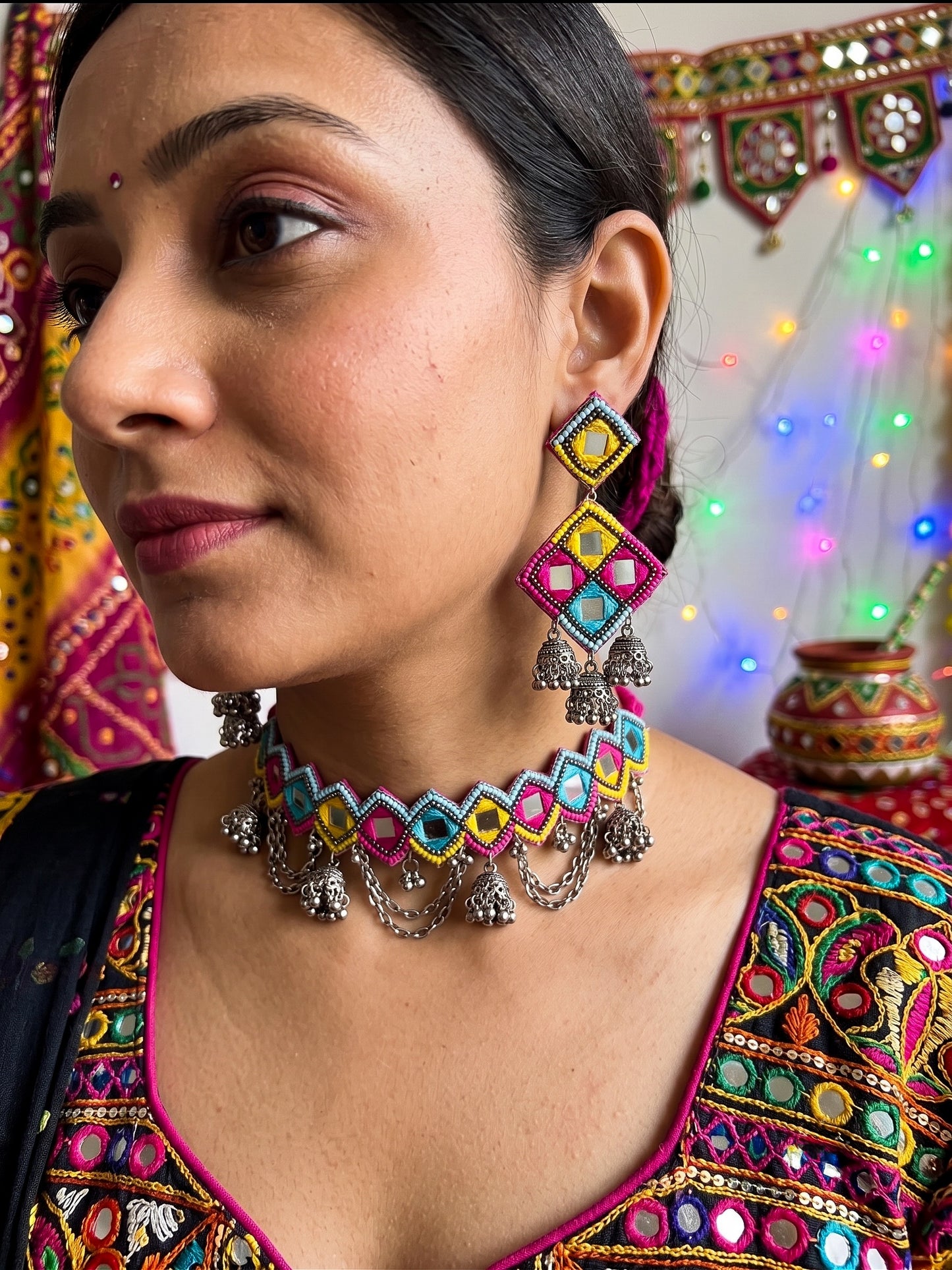 Rangrez Mirror Handmade Beaded Necklace & Earrings Set
