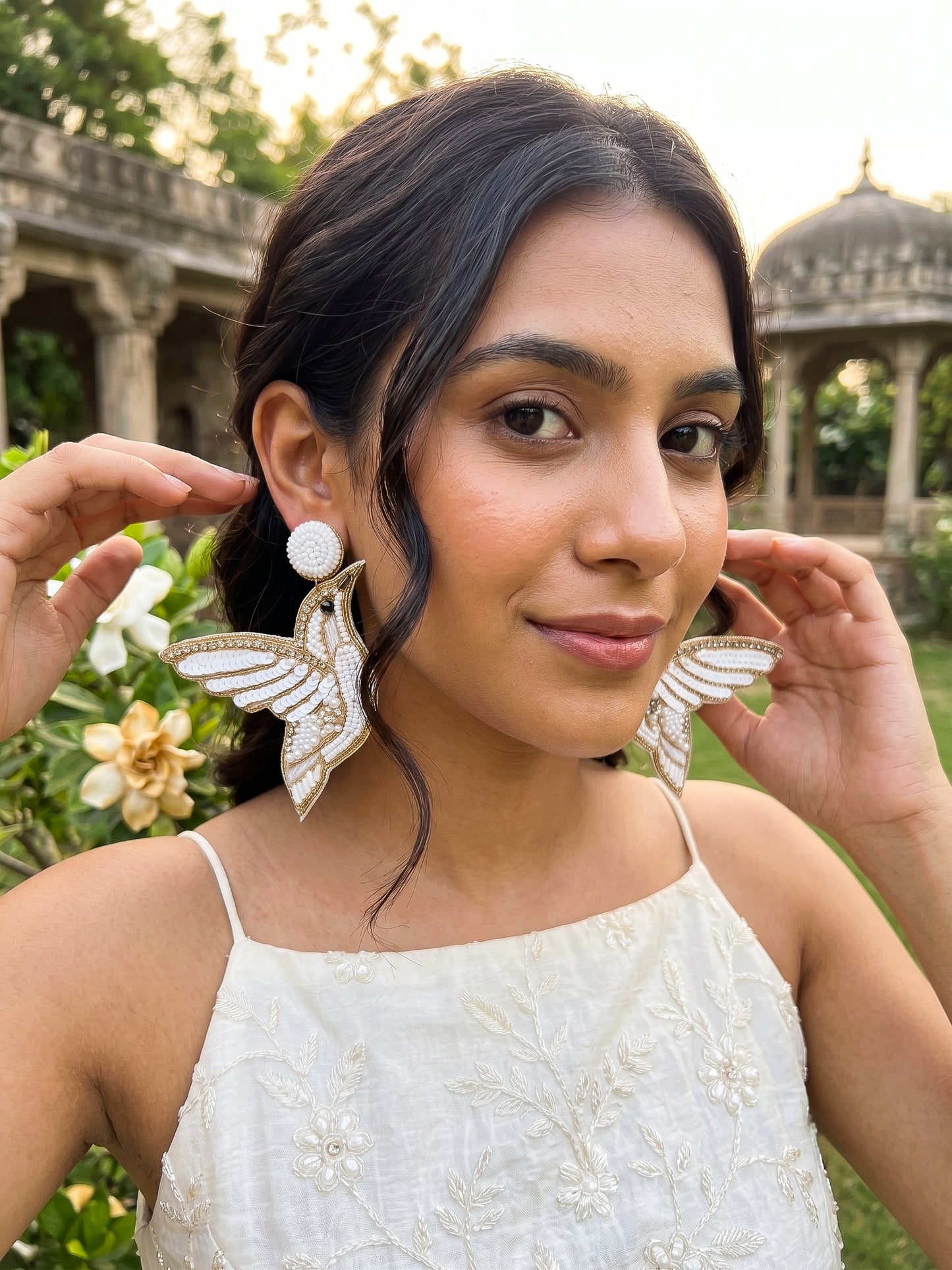 Ivory Humming Bird Handmade Beaded Earrings