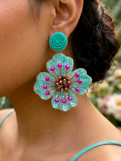 Ocean Teal Glow Blue Flower Handmade Beaded Earrings