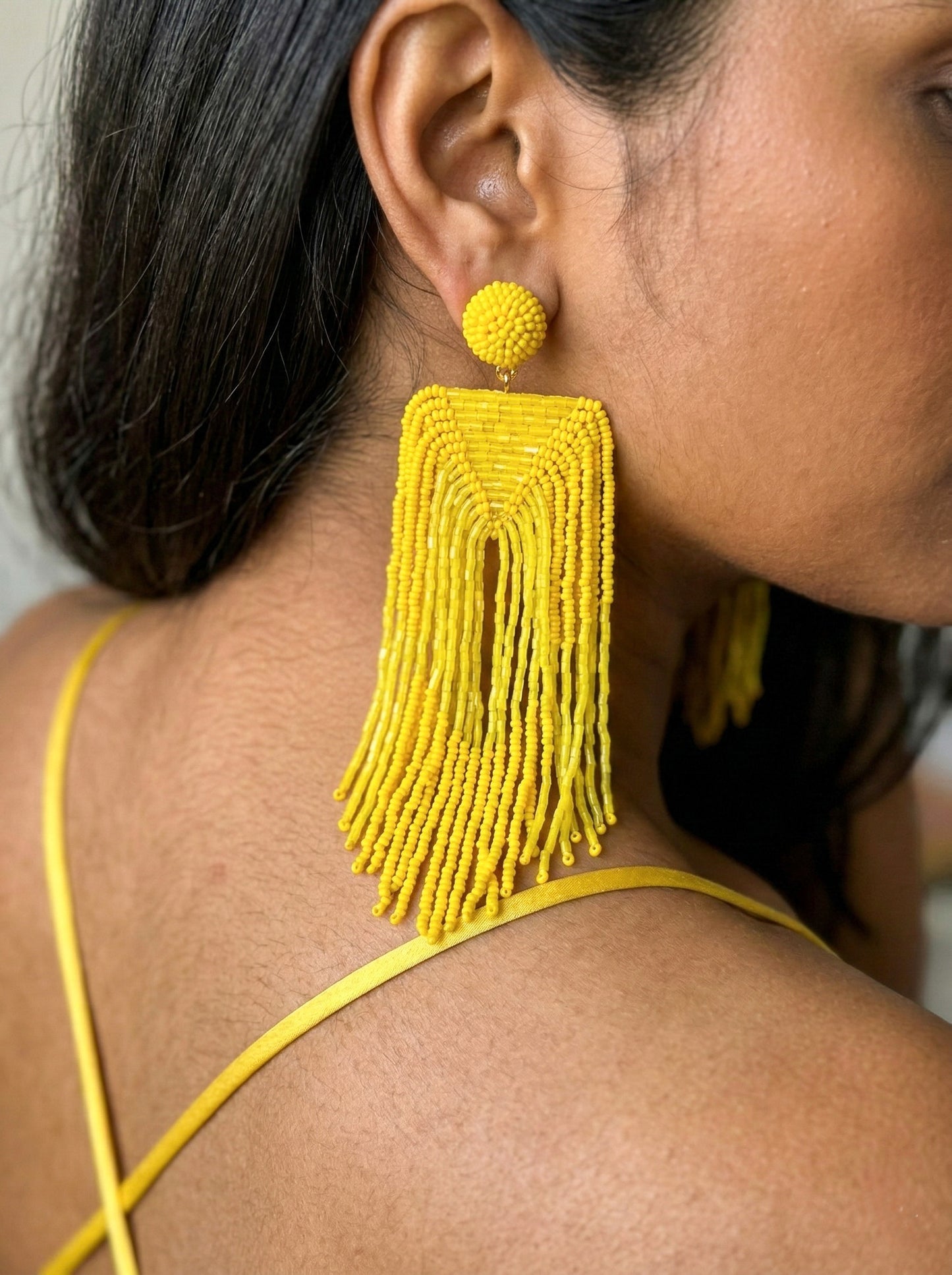 Luxe Sunny Yellow Handmade Beaded Tassel Earrings