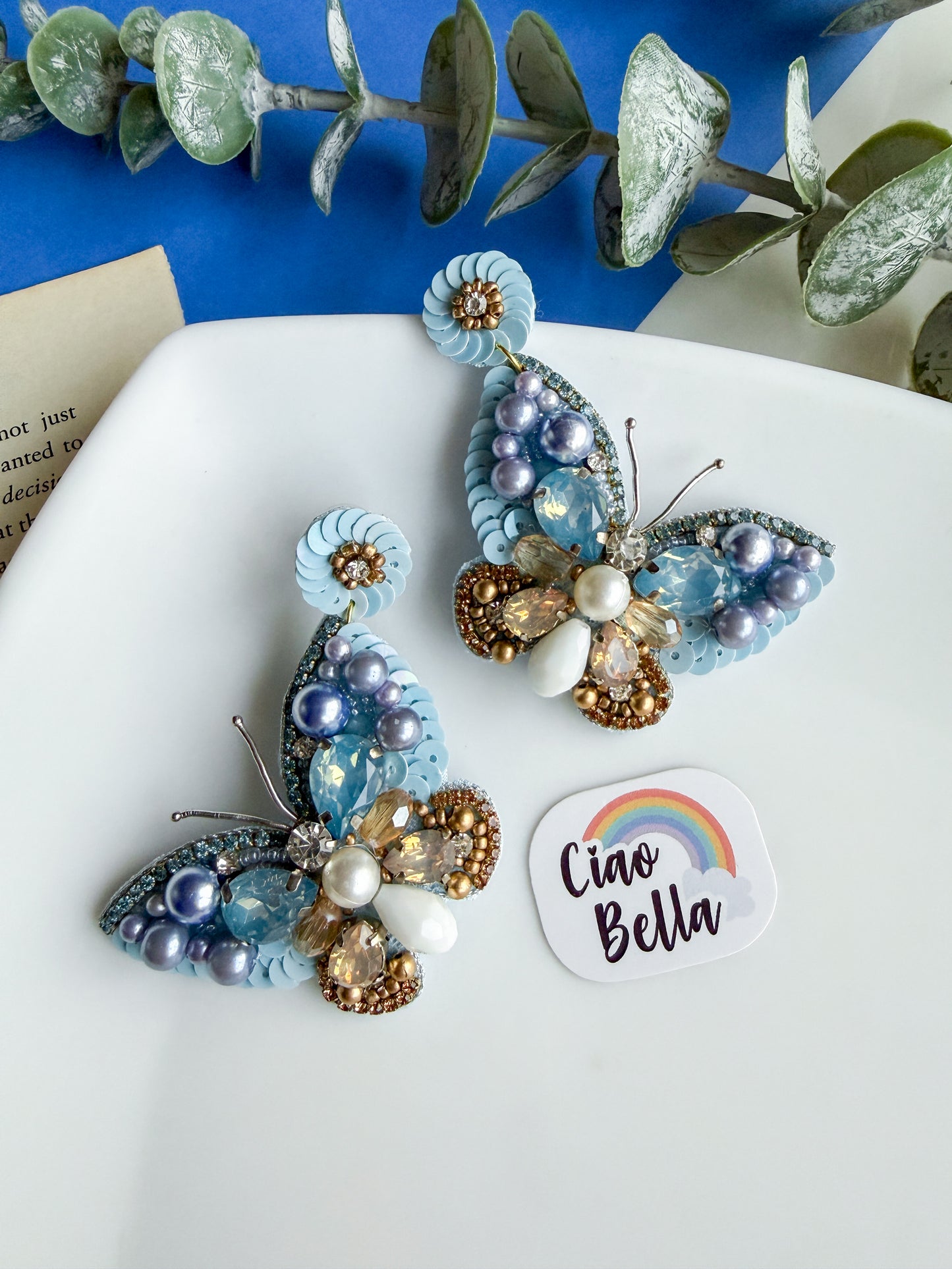 Luxe Crystal Blue Handmade Beaded Butterfly Earrings