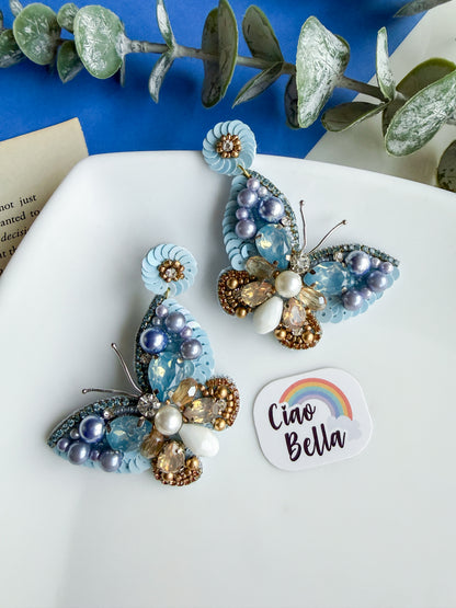 Luxe Crystal Blue Handmade Beaded Butterfly Earrings