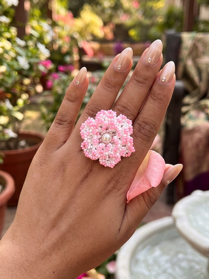 Crochet White Blush Pink 3D Rose Flower Handmade Beaded Ring