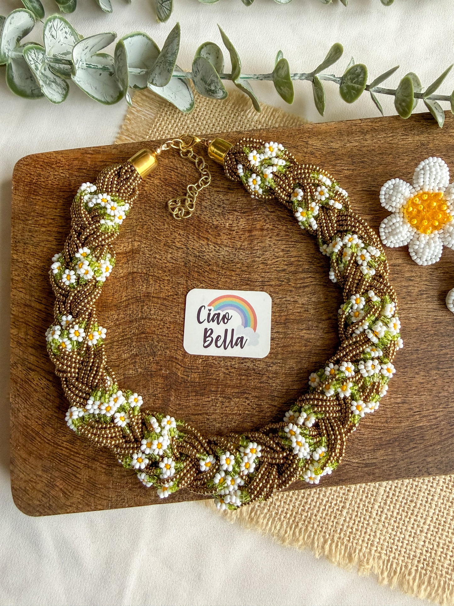 Luxe Flora Antique Brown Gold Handmade Beaded Necklace + Earrings Set