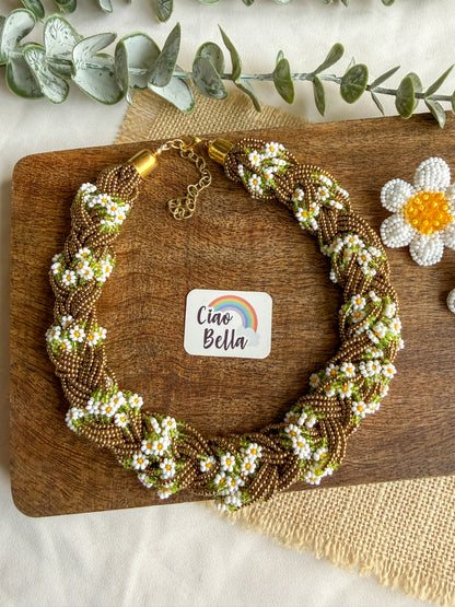 Luxe Flora Antique Brown Gold Handmade Beaded Necklace + Earrings Set