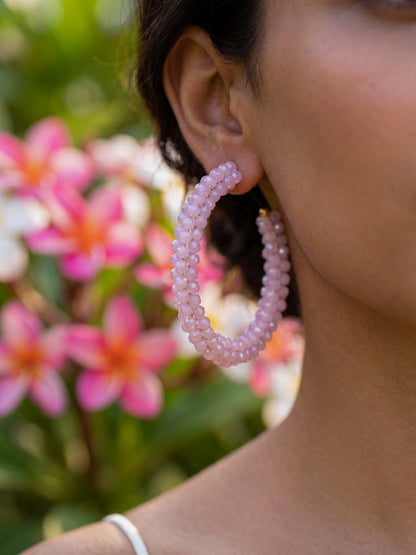 Woven Blush Pink Crystal Handmade Beaded Hoop Earrings