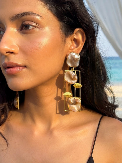 Ivy Leaf Mother Of Pearl Handmade Brass Earrings