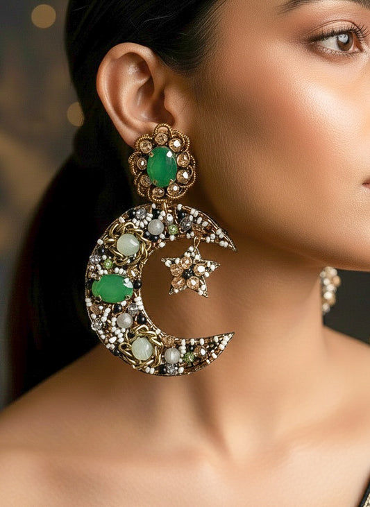 Emerald Crescent Moon & Star Handmade Beaded Statement Earrings