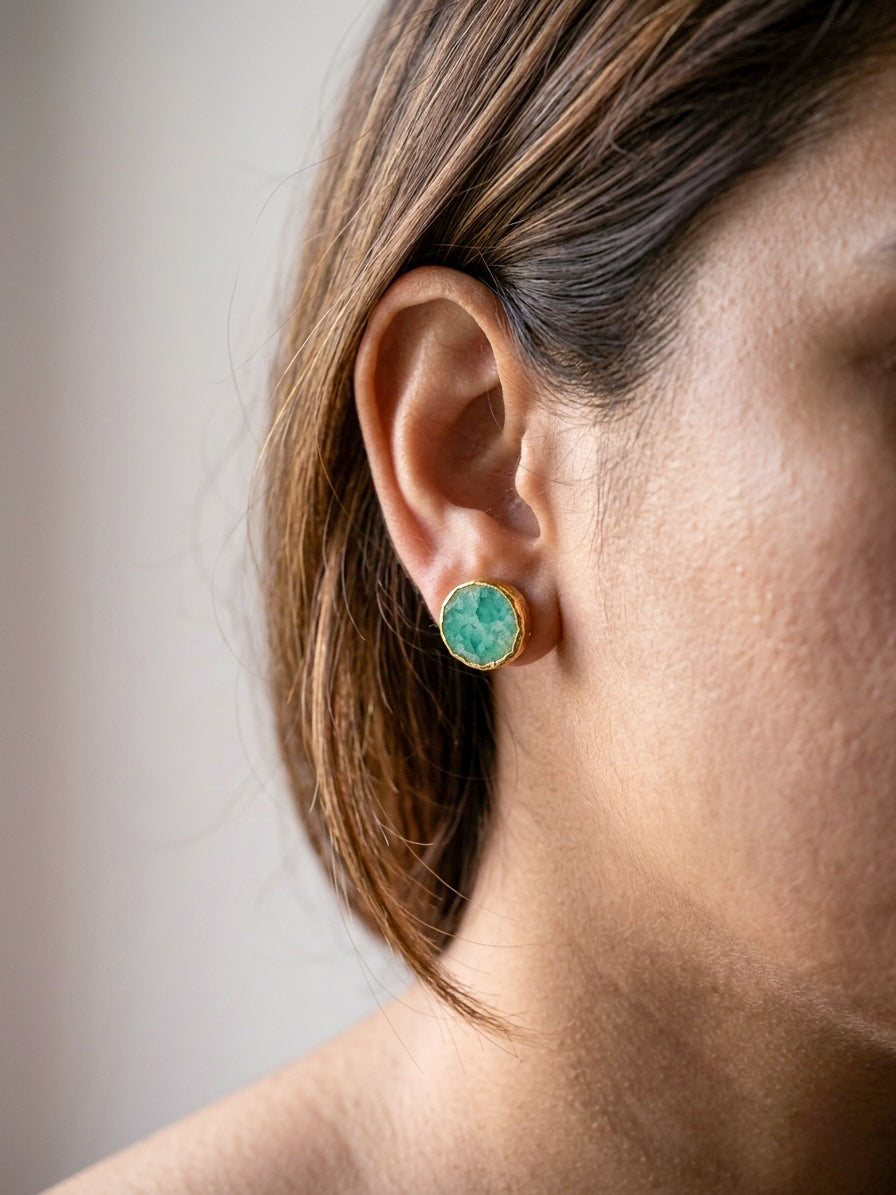 Mint Aura Natural Stone Handmade Brass Stud Earrings