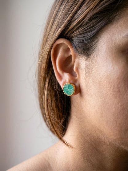 Mint Aura Natural Stone Handmade Brass Stud Earrings
