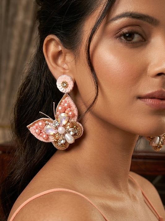 Luxe Crystal Peach Handmade Beaded Butterfly Earrings