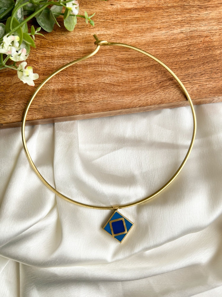 Blue Mosaic Brass Hasli Necklace