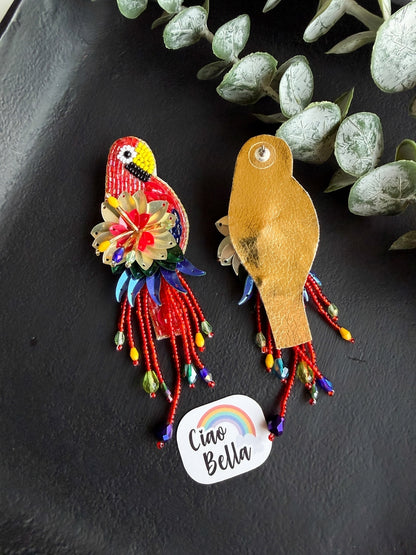 Luxe Paradise Red Parrot Handmade Beaded Bird Earrings