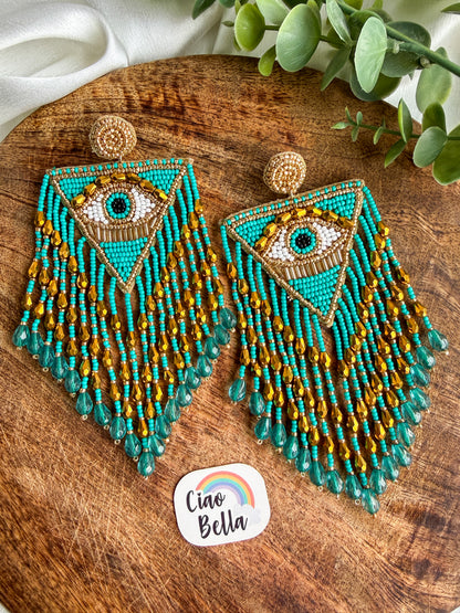 Luxe Evil Eye Teal Blue Handmade Beaded Tassel Earrings