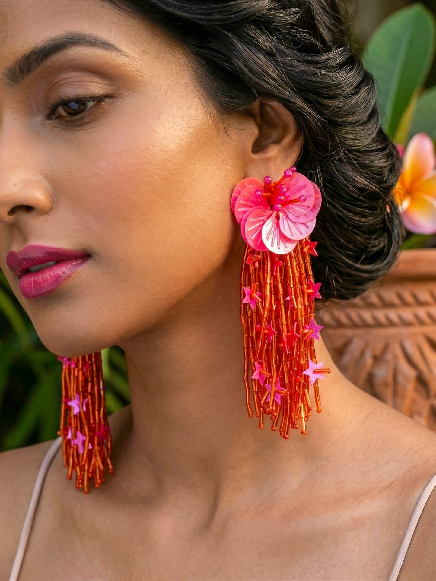 Sunset Pink Orange Star Flower Handmade Beaded Earrings