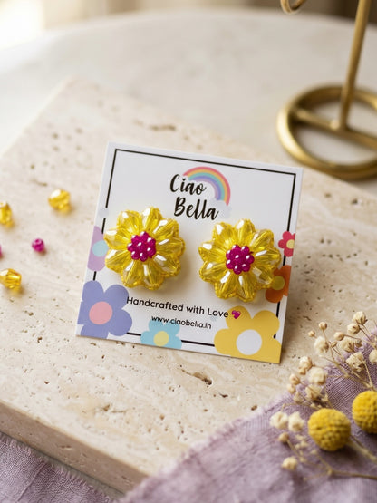 Sparkling Yellow Pink Flower Handmade Beaded Stud Earrings