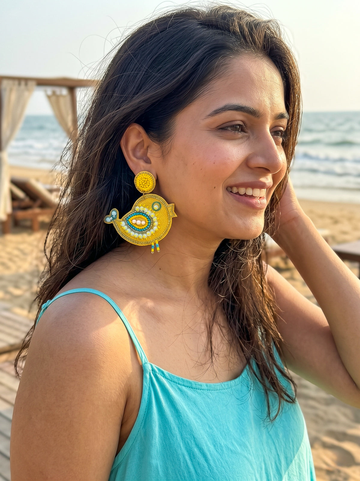 Chirpy Birdie Yellow Aqua Blue Handmade Beaded Earrings