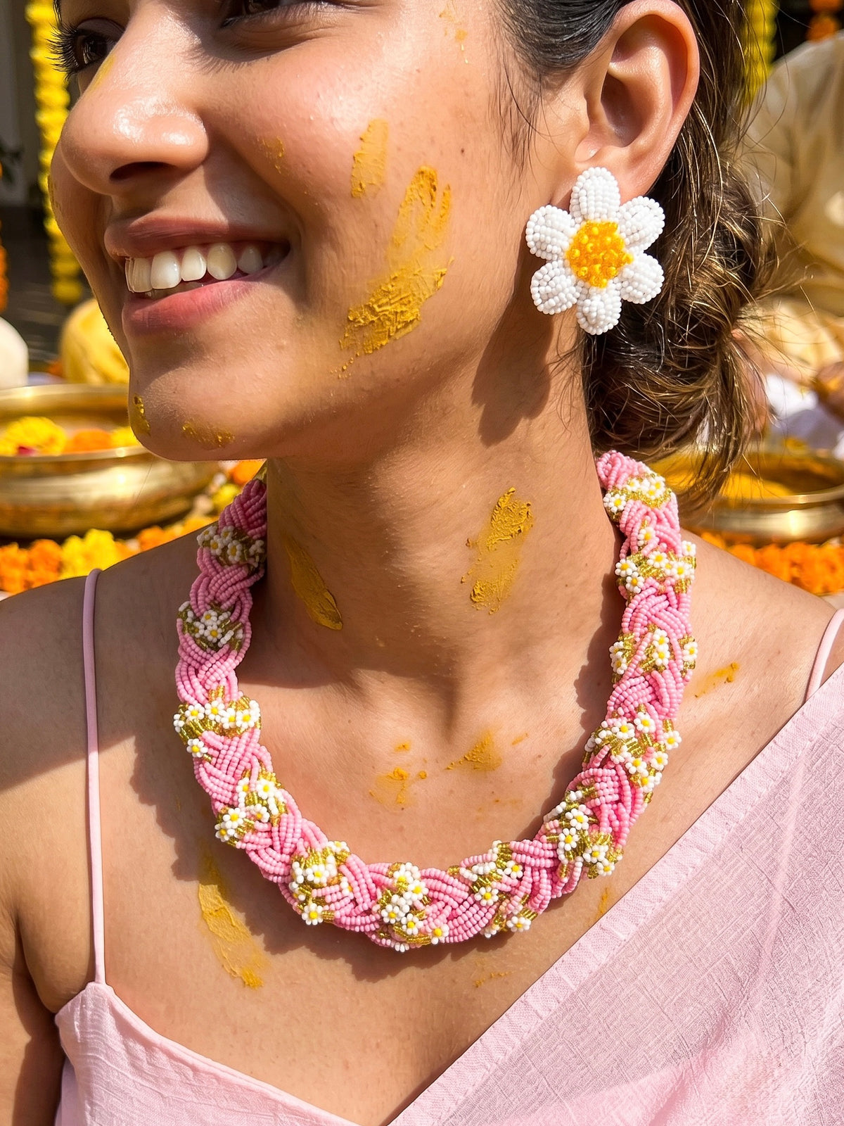 Luxe Flora Pink Handmade Beaded Necklace + Earrings Set