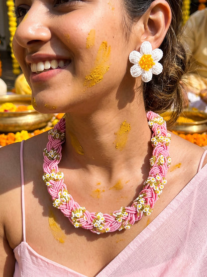 Luxe Flora Pink Handmade Beaded Necklace + Earrings Set