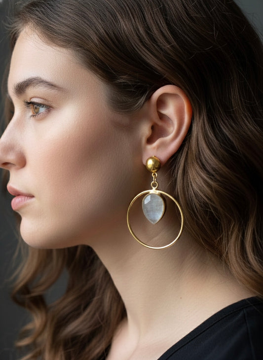 White Monalisa Teardrop Handmade Brass Earrings