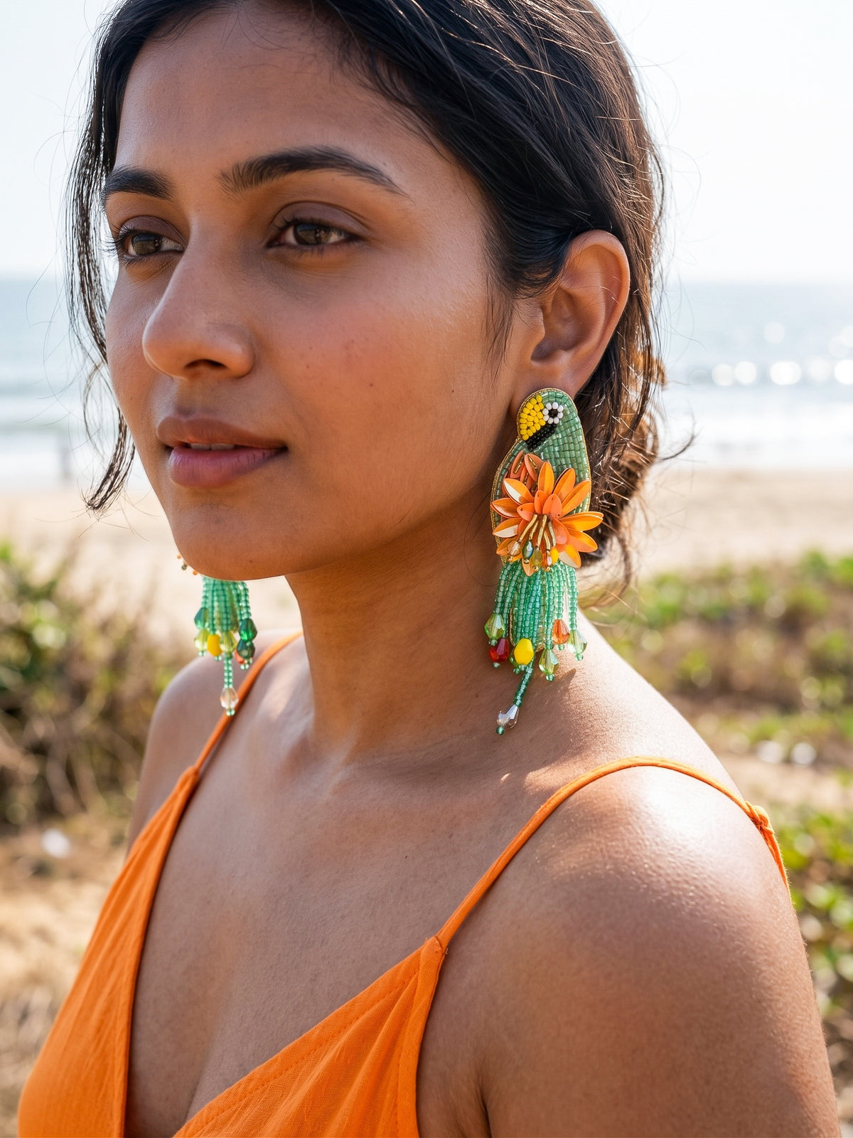 Luxe Paradise Teal Mint Lagoon Orange Parrot Handmade Beaded Bird Earrings