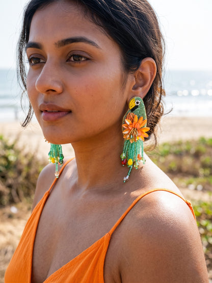 Luxe Paradise Teal Mint Lagoon Orange Parrot Handmade Beaded Bird Earrings