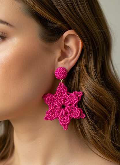 Fuchsia Delicate Snowflake Handmade Beaded Earrings