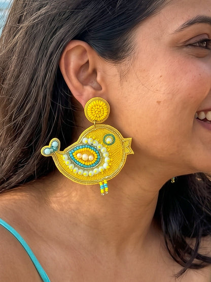 Chirpy Birdie Yellow Aqua Blue Handmade Beaded Earrings