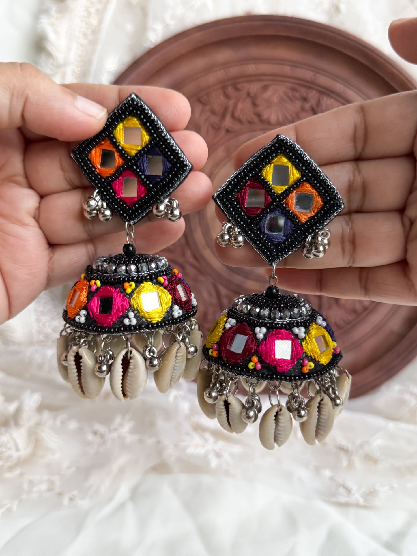 Navrang Mirror Handmade Beaded Jhumka Earrings