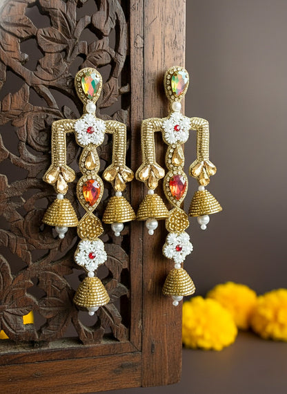 Rajwada Green Red Danglers Handmade Beaded Statement Earrings