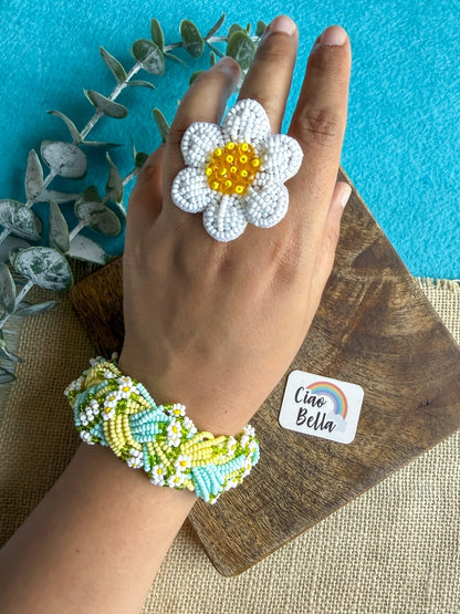Luxe Flora Light Blue Yellow Handmade Beaded Bracelet + Ring Combo