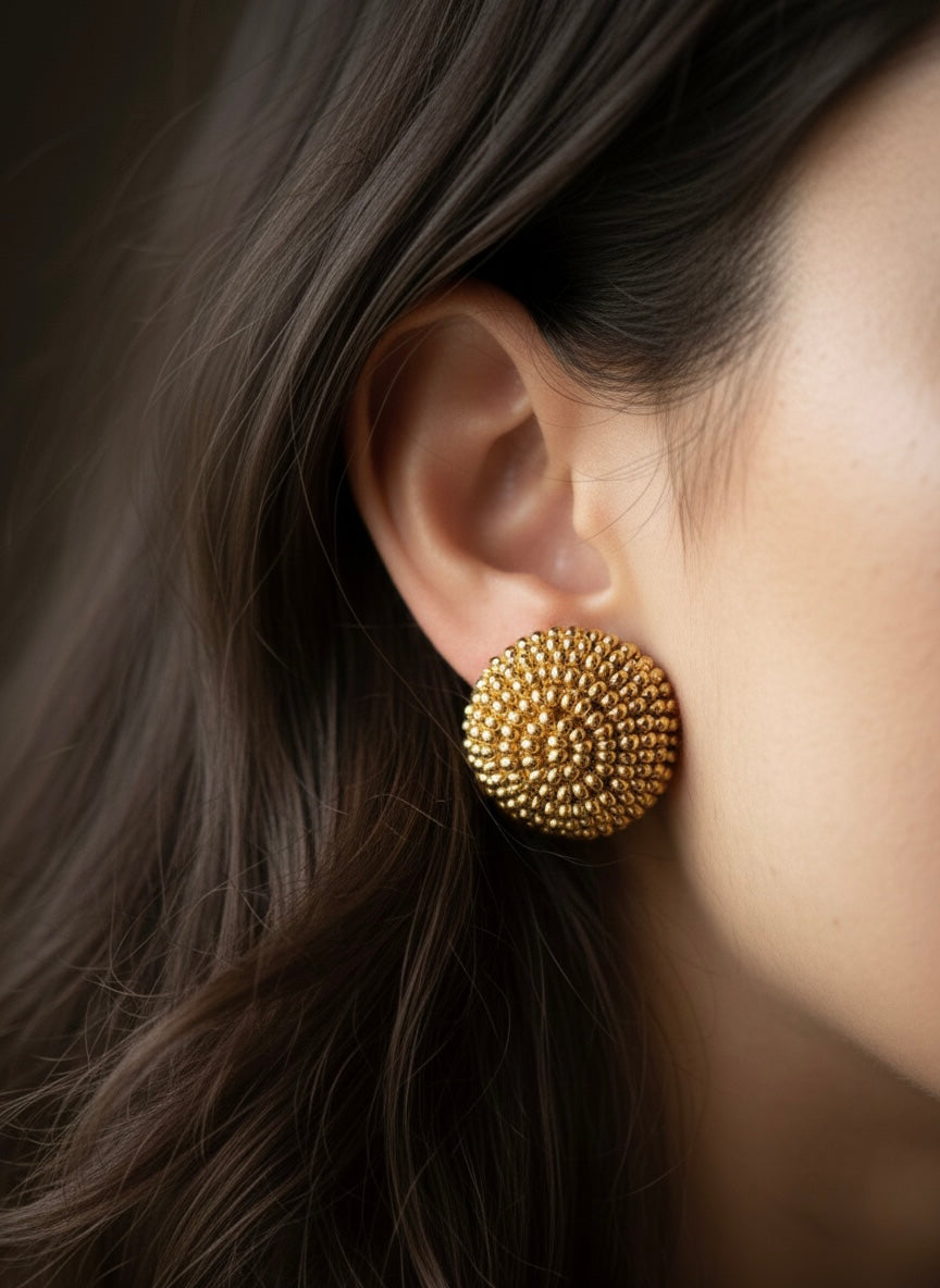 Unique Gold Round Handmade Beaded Stud Earrings