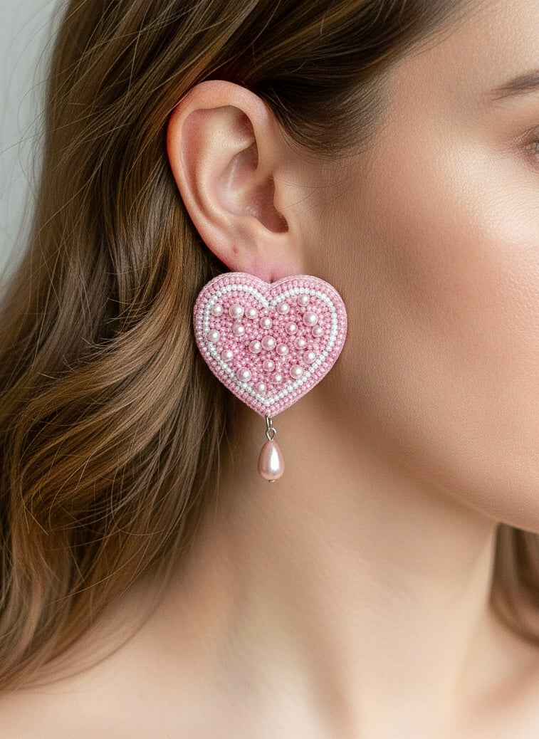 Blushing Pearlheart Handmade Beaded Earrings