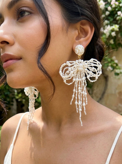 Pookie Bow (White) Handmade Beaded Earrings
