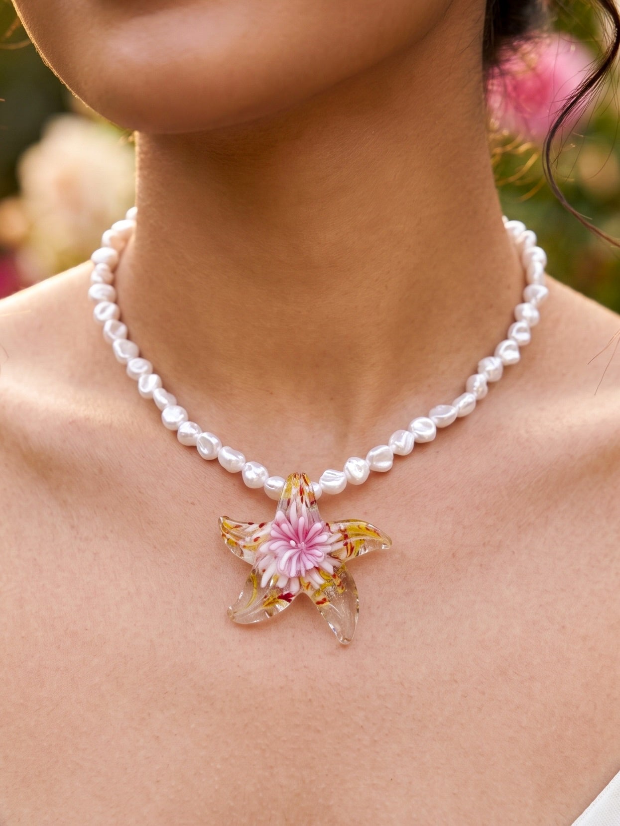 Hawaiian Starfish Pearl Handmade Beaded Chain Necklace
