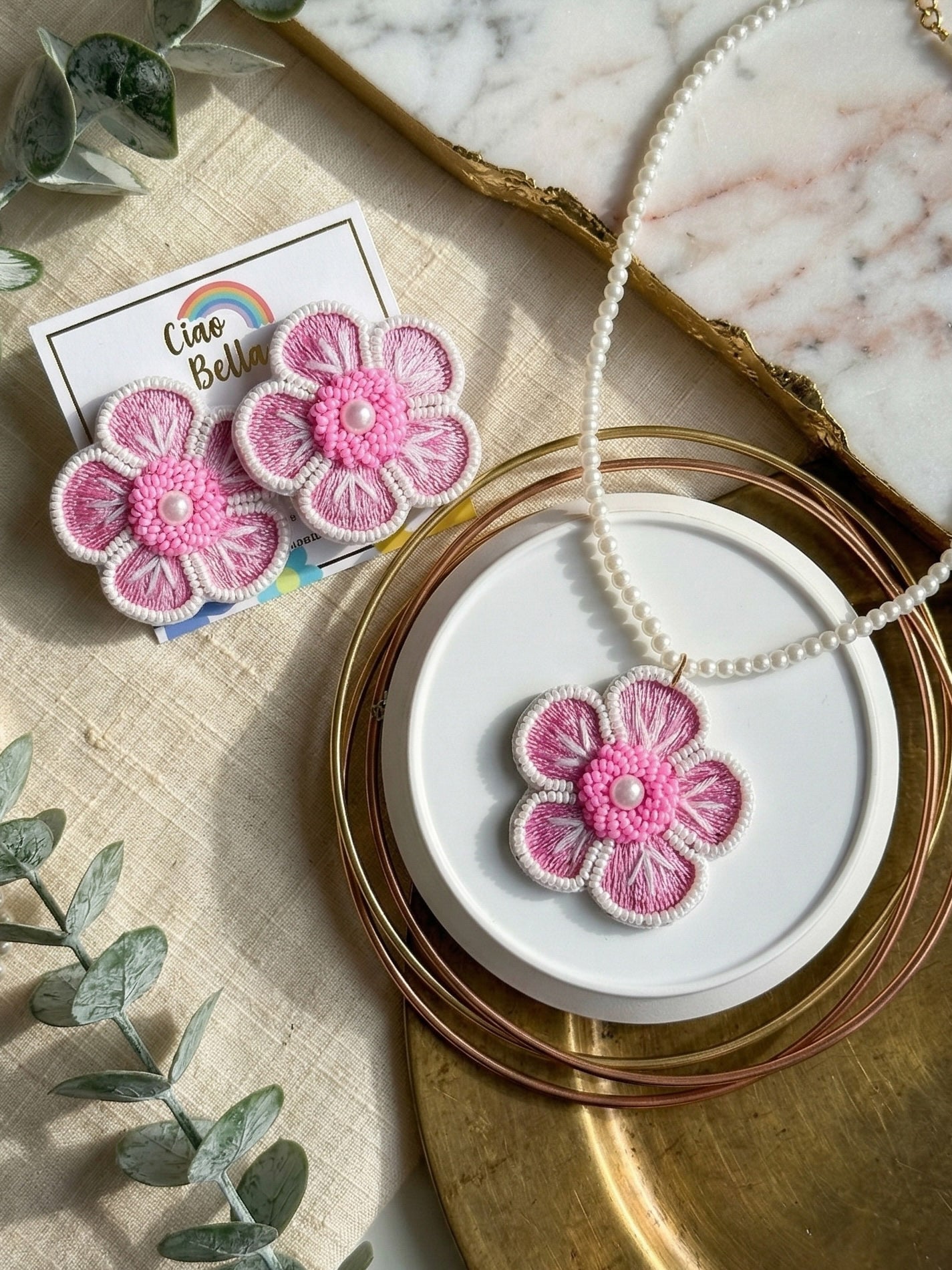Blush Pink Blossom Flower Handmade Beaded Necklace + Earrings Set
