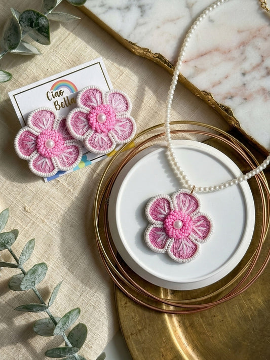 Blush Pink Blossom Flower Handmade Beaded Necklace + Earrings Set