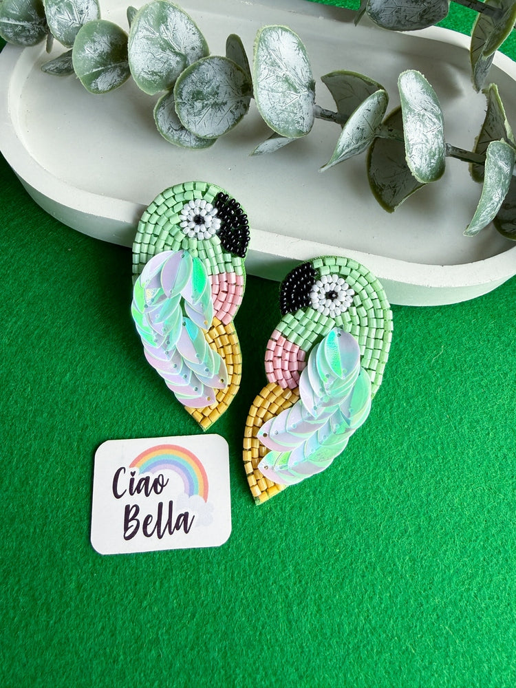 Green Parrot Handmade Beaded Bird Earrings