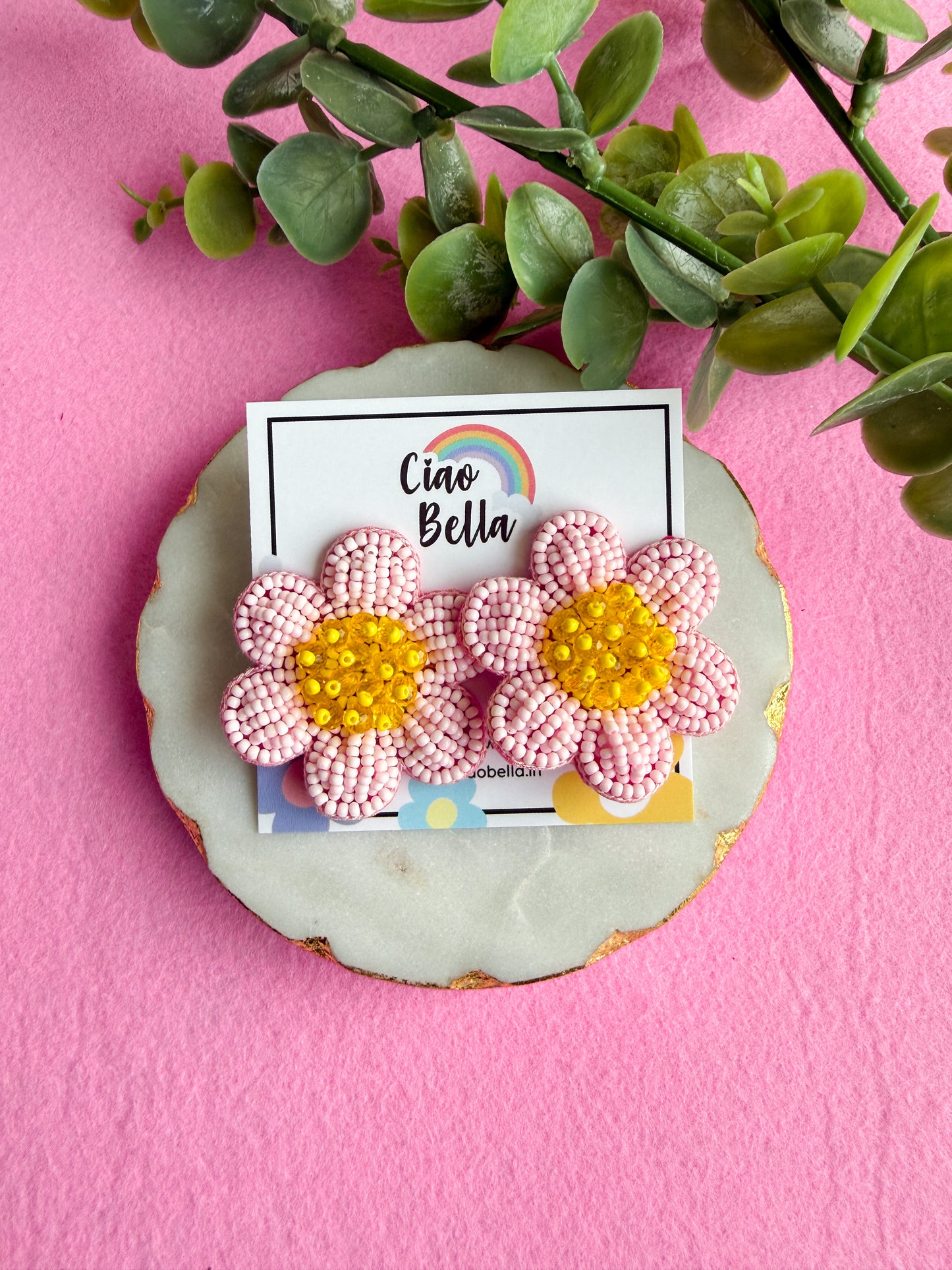Blush Pink Daisy Stud Handmade Beaded Flower Earrings