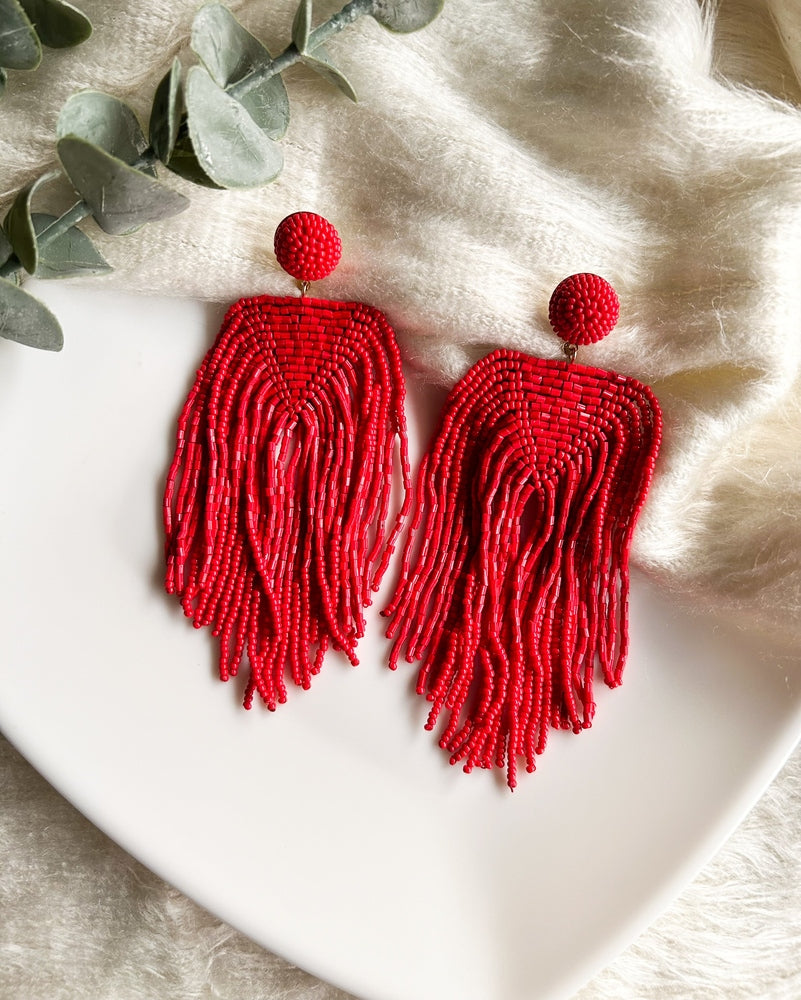 Luxe Crimson Handmade Beaded Tassel Earrings