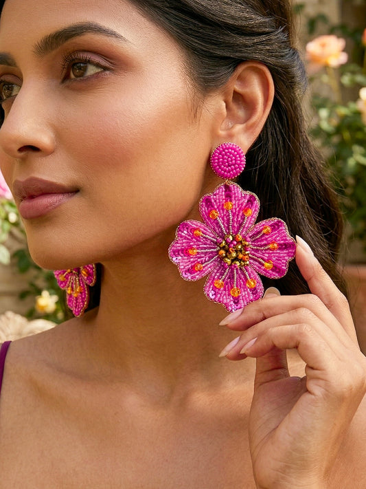 Rosey Glow Pink Flower Handmade Beaded Earrings