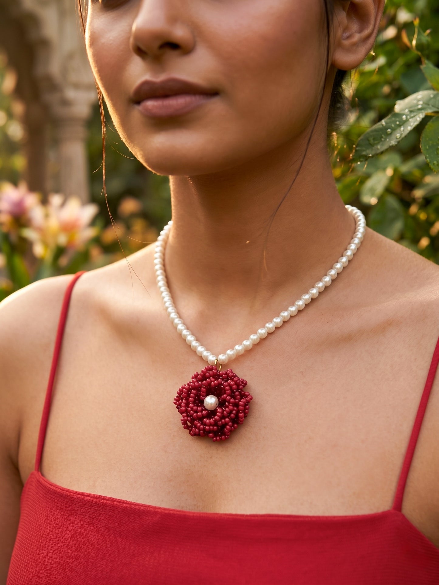 Crochet Deep Red 3D Rose Flower Handmade Beaded Necklace