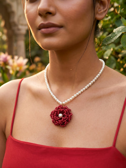 Crochet Deep Red 3D Rose Flower Handmade Beaded Necklace